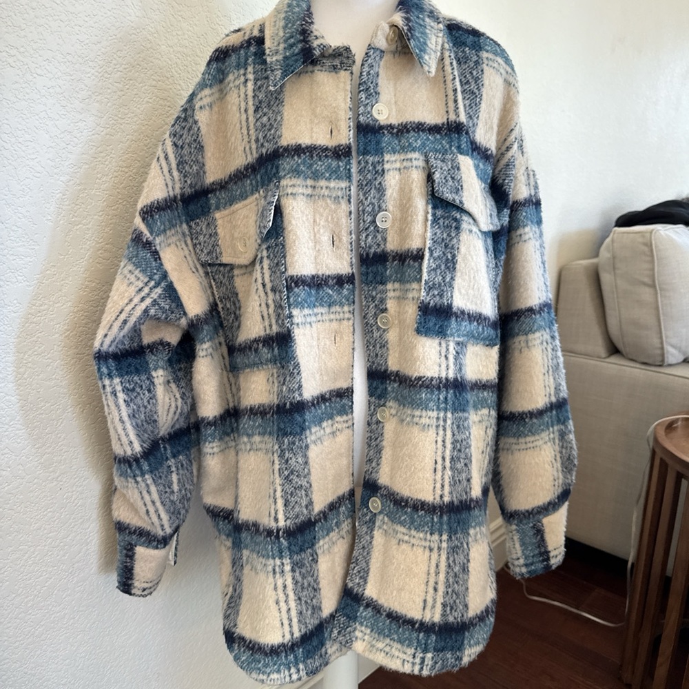 Good American Blue and Cream Plaid Jacket